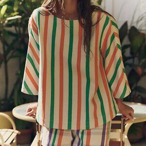 Free People Free Est The Tone Set Striped Printed Oversized Top Shorts XL